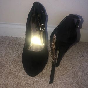 Black Suede Closed Toe Pumps w/ Gold Dangling Details Around Ankle Strap